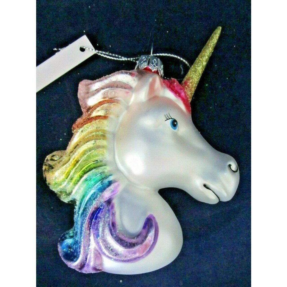 Unicorn Head Glitter Horn Rainbow Mane Mercury Style Blown Glass Ornament New